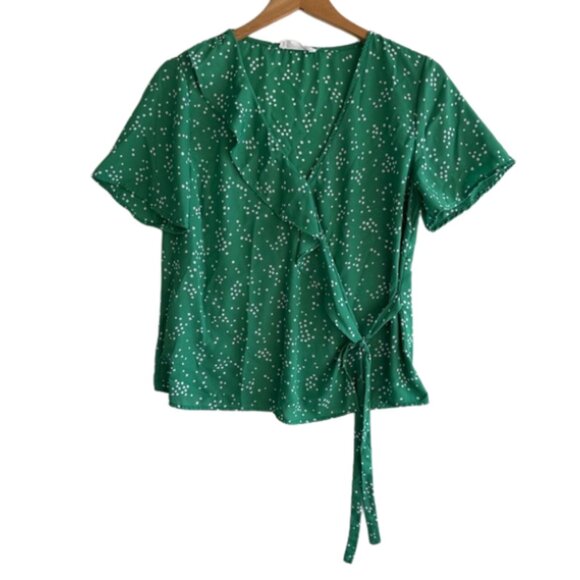 All in Favor Tops - All in Favor Polka Dot Ruffle Wrap Top Size Medium M Green White Short Sleeve